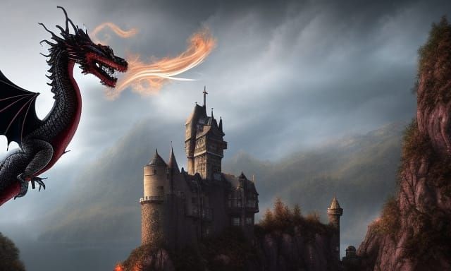 a realistic dragon flying over a castle Epic cinematic brill...