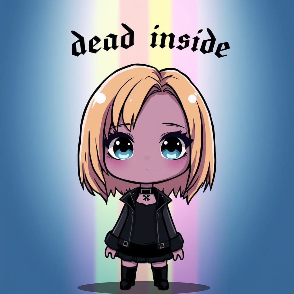 Gothic Chibi Girl Stares into a Neon Rainbow in Cyberpunk