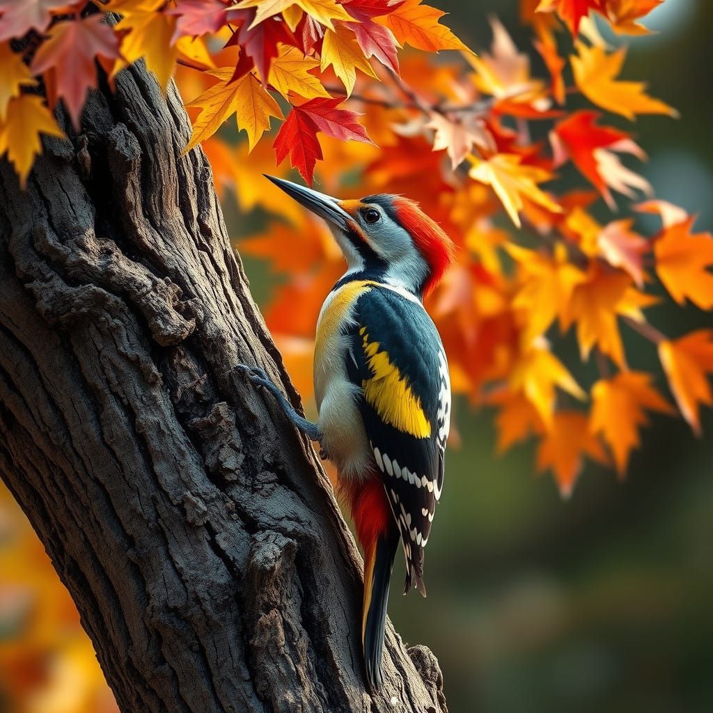 Hyperrealistic Woodpecker in Vibrant Fall Landscape