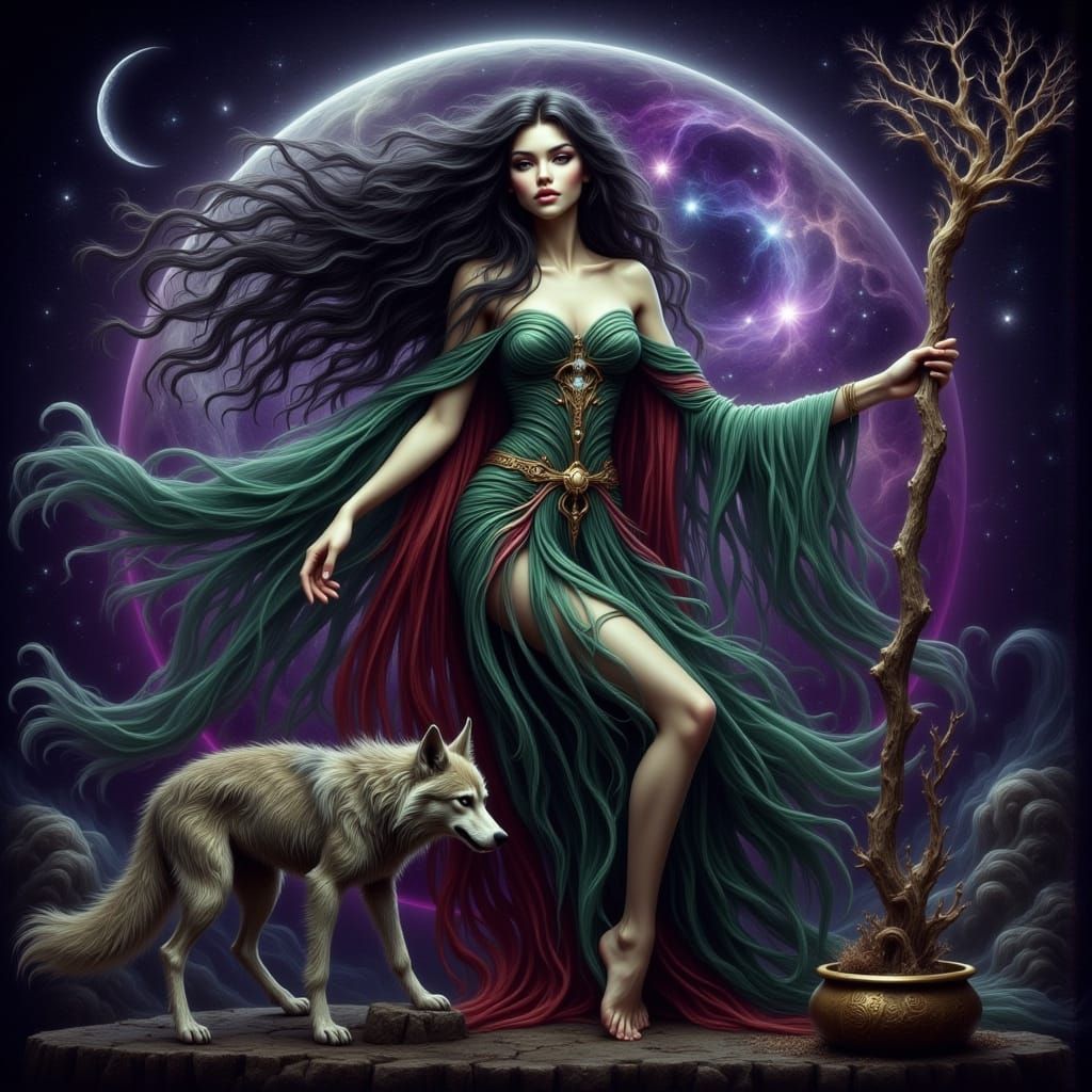 Mystical Goddess Cerridwen with Werewolf Companion in Ethere...