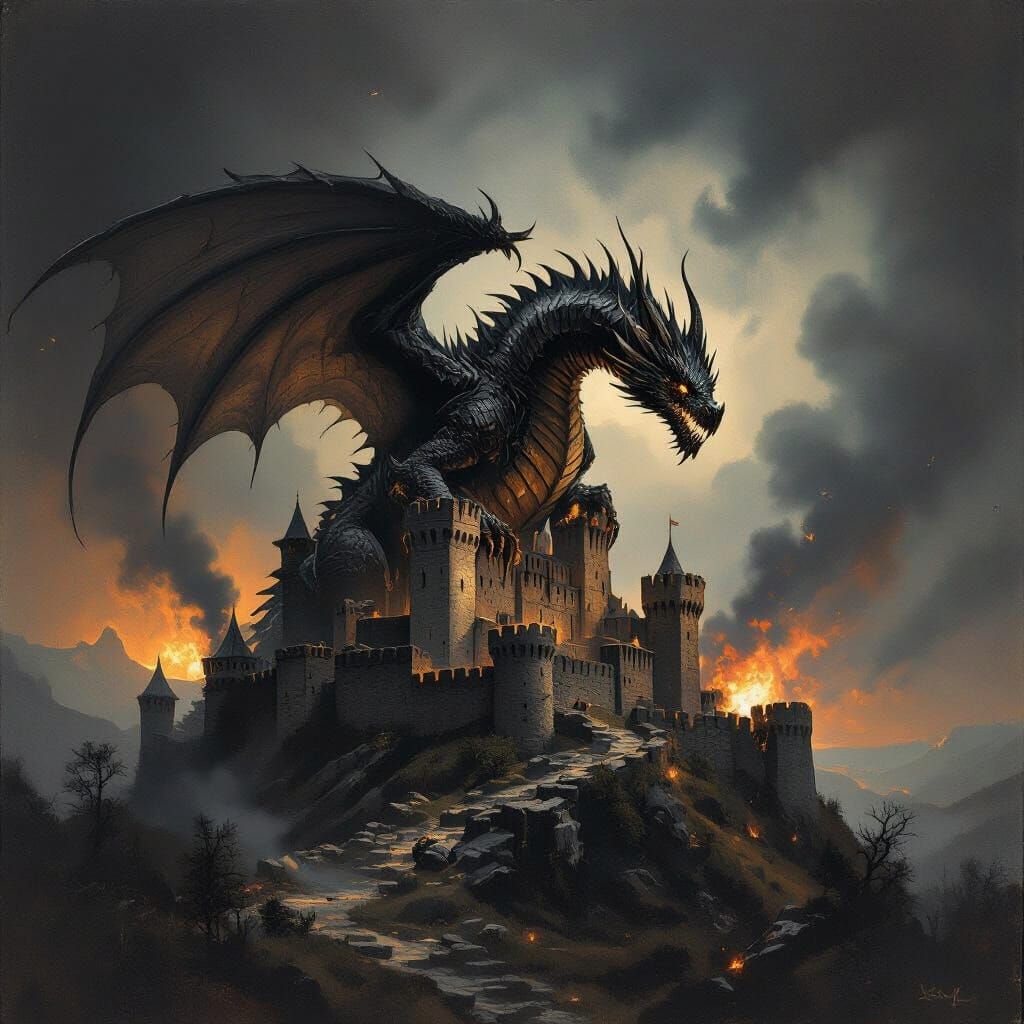 Dragon's Fury: Medieval Castle Destruction in Dark Art Style