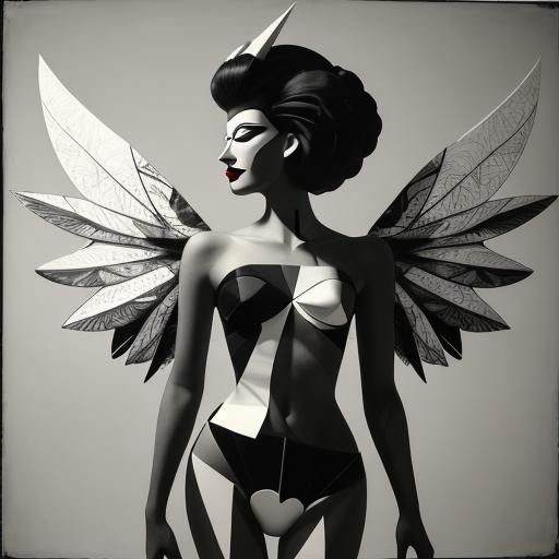 Abstract Photogram of Geometric Winged Model in Dada Style