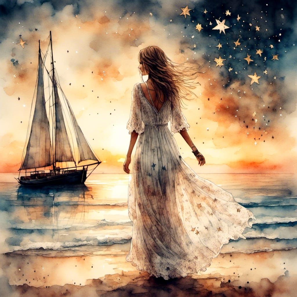 Bohemian Woman on Beach at Sunset: Double Exposure