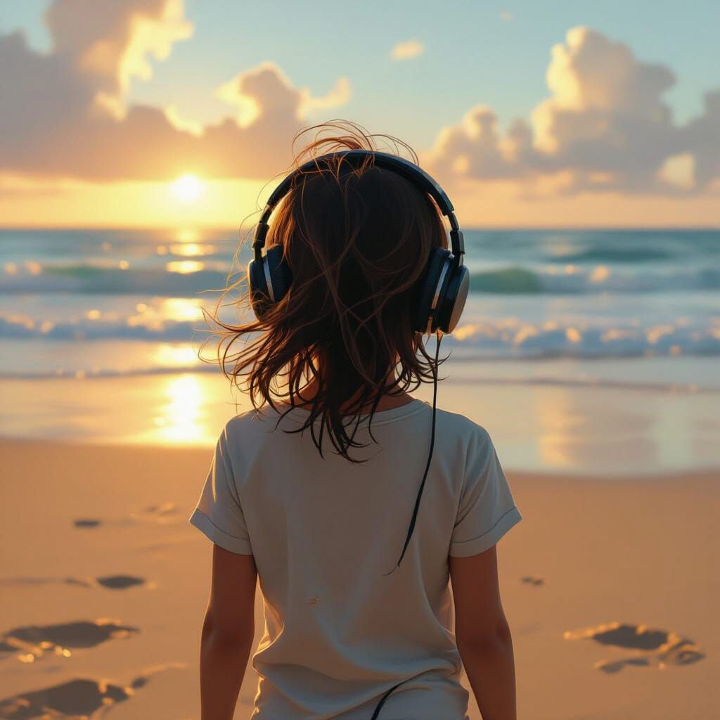 Girl on Beach at Golden Hour Digital Art