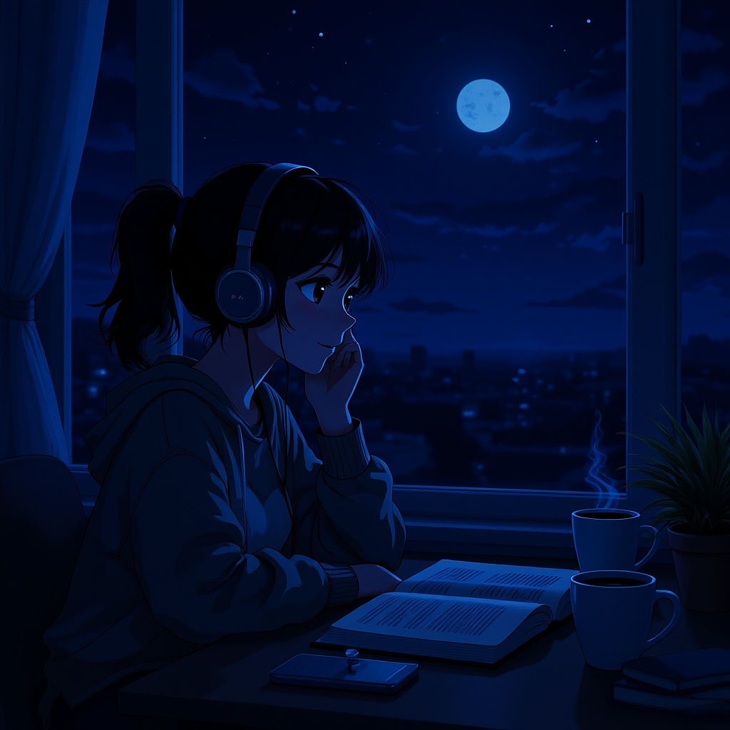 Anime Girl Listening to Music and Studying