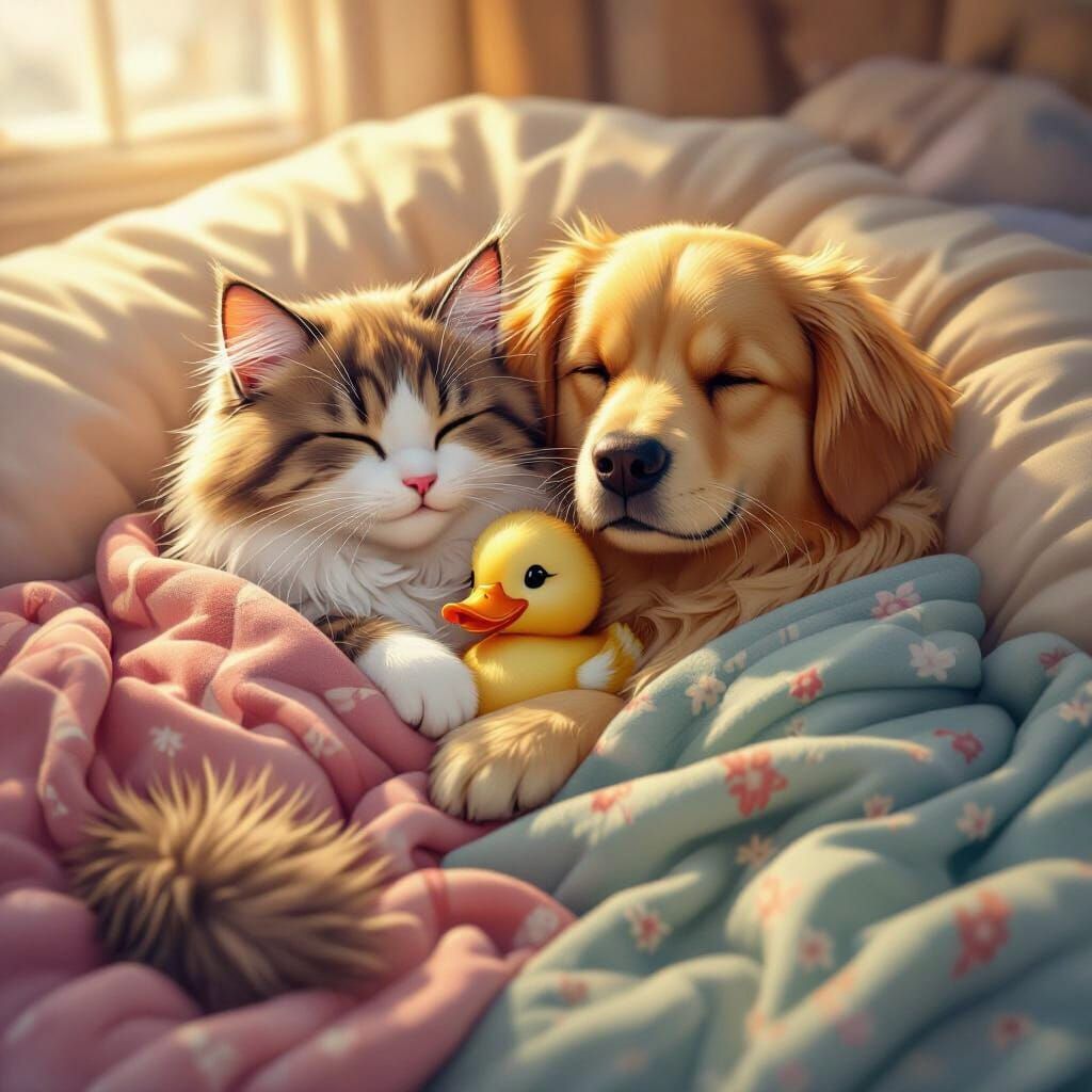 Cozy Cat, Dog, and Duck Friends in Blankets