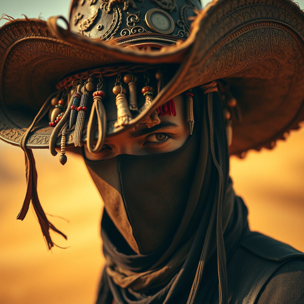 Traveler in Shadow: Ornate Hat in Southwest Landscape