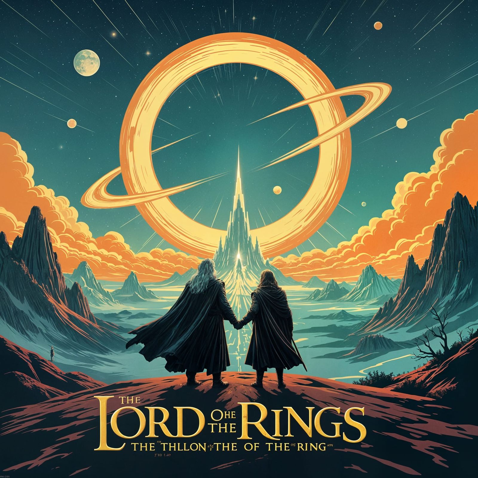 Lord of the Rings Retro Sci-Fi Poster with Frodo & Gandalf