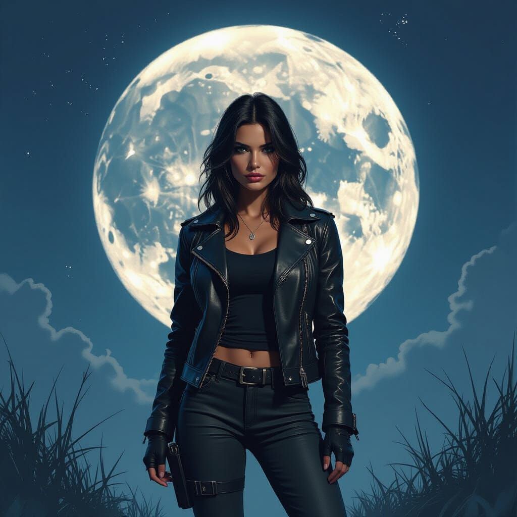 Female Adventurer Gazing at Gigantic Moon in Dramatic Light