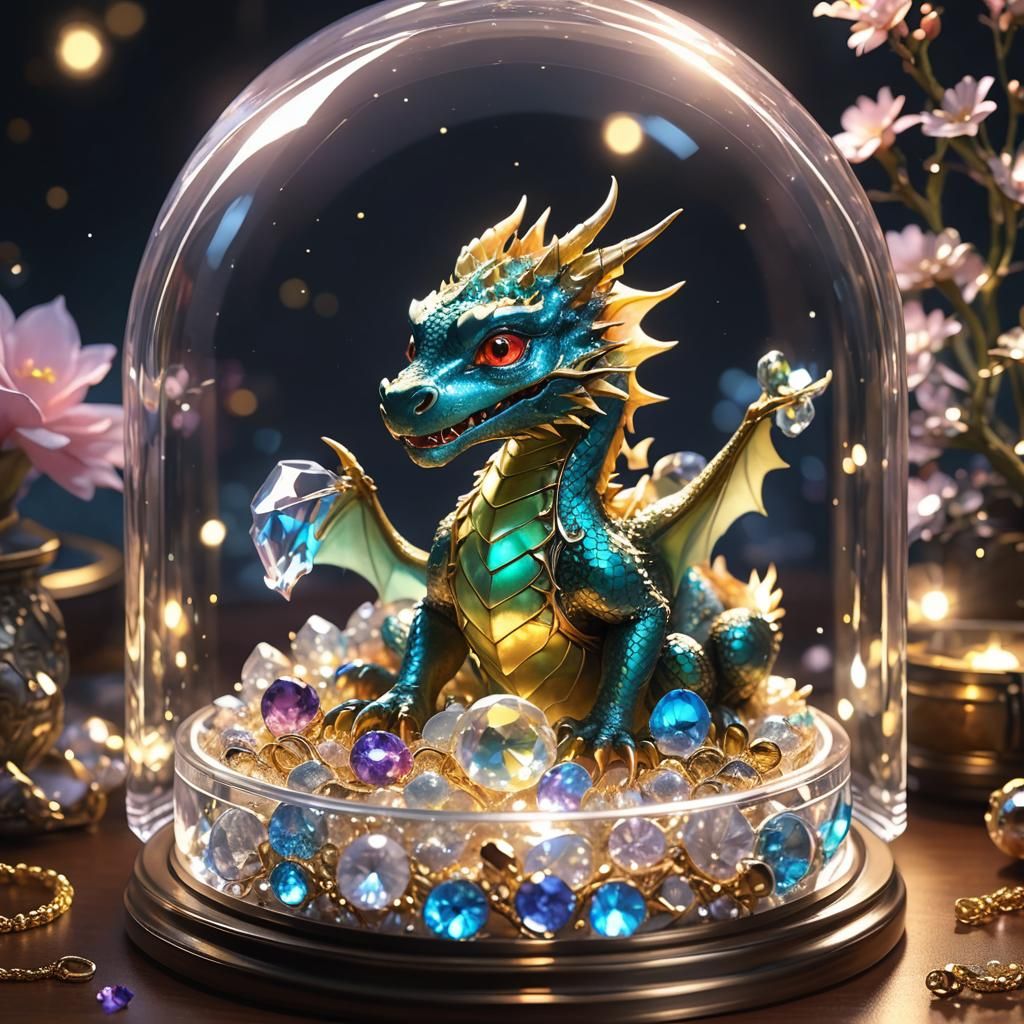 A cute miniature baby dragon sitting in a glass jewelry box overflowing with glowing glass jewelry.