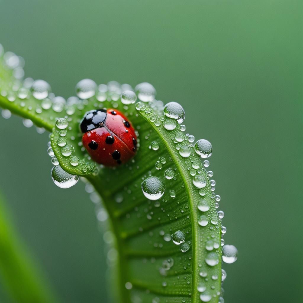 Fiddlehead Fern with Ladybug Reflected in Dewdrops