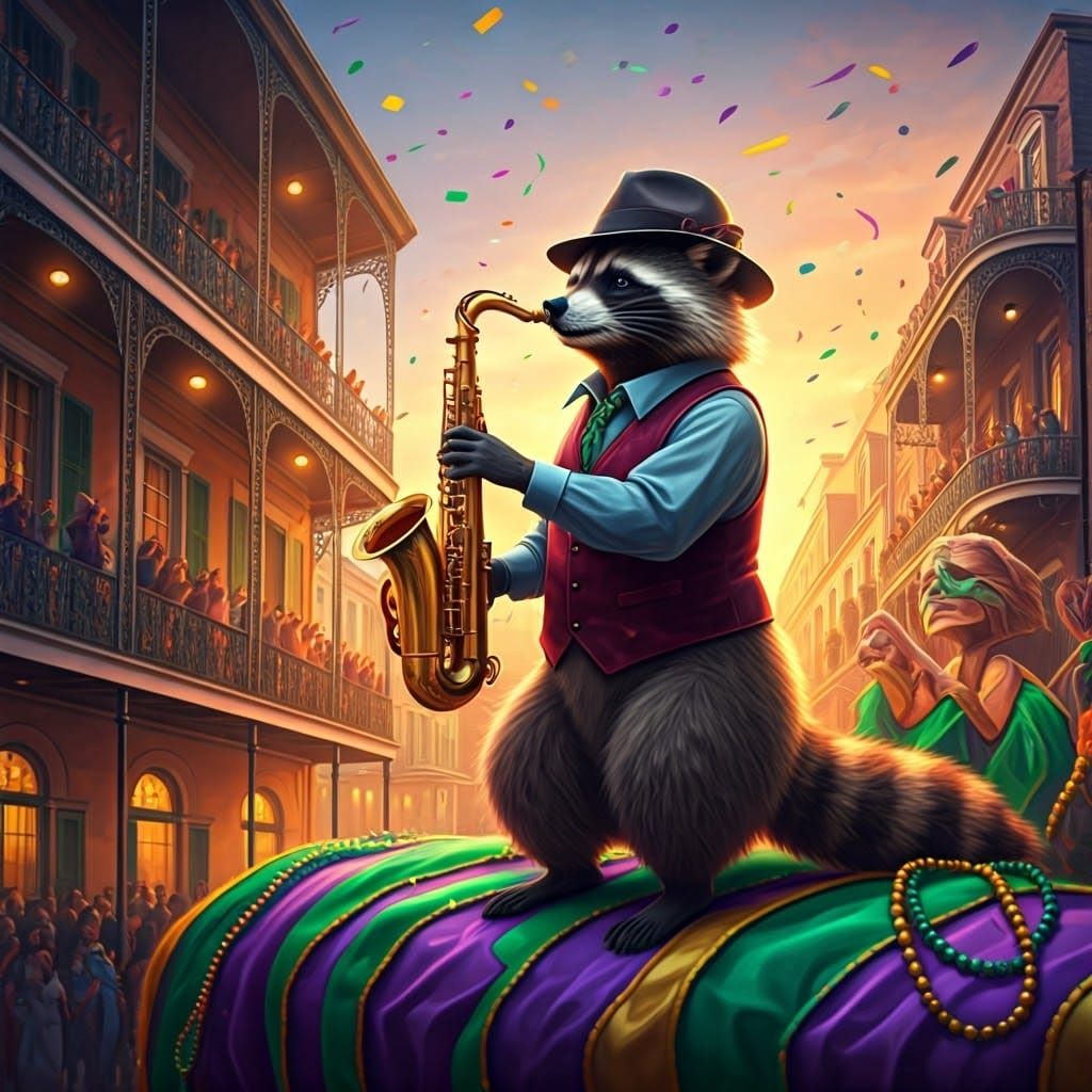 Raccoon playing jazz at Mardi Gras