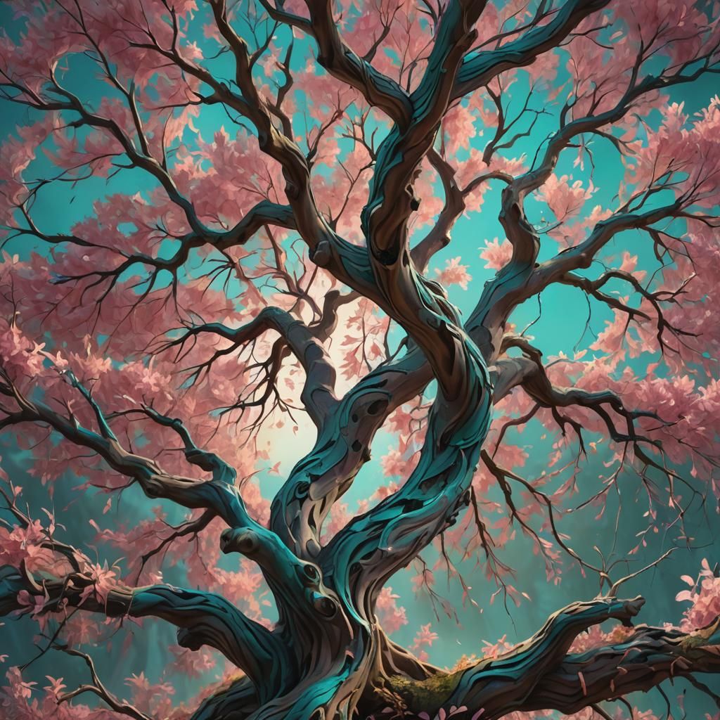 Willow Tree with Pink and Teal Leaves in Oil Painting