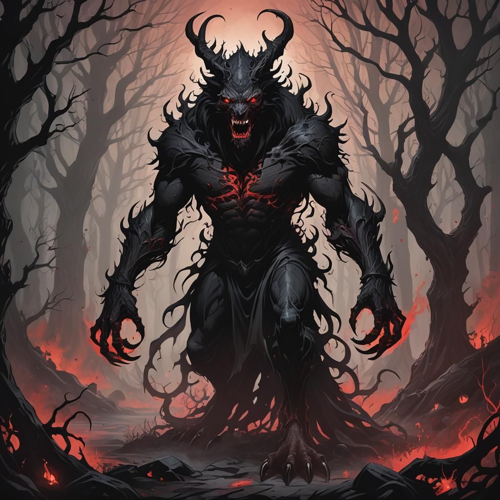 Gothic Shadow Beast in Dark Forest Illustration
