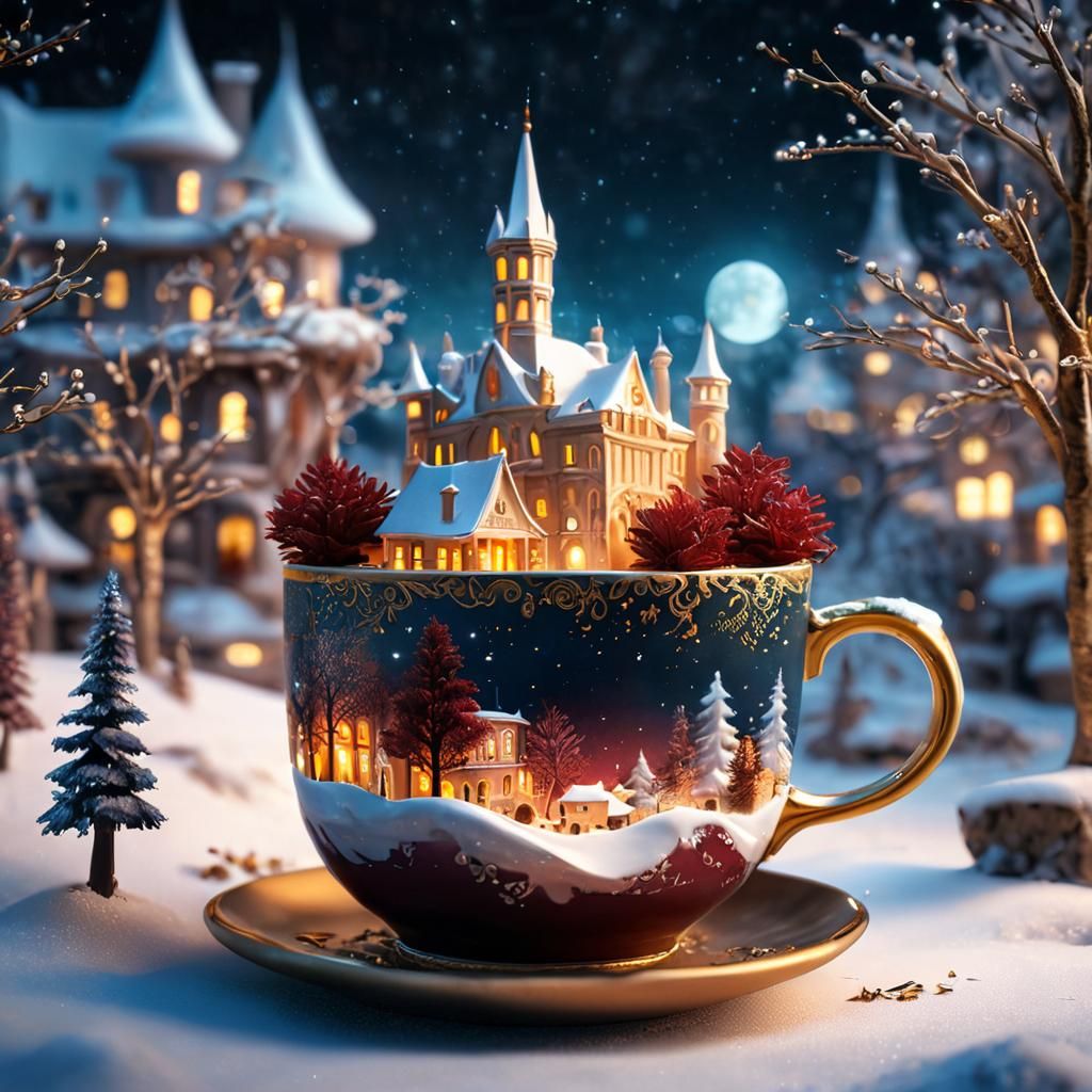 Magical Winter City in Porcelain Cup: Matte Painting