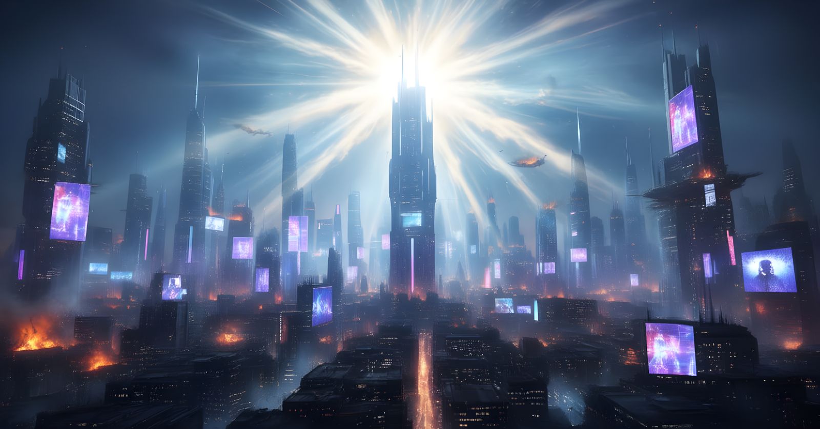 Massive Neon City at Night in Post Apocalyptic Style