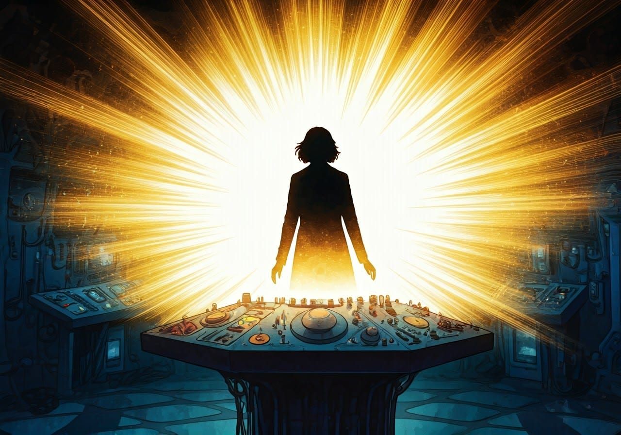 Golden Light Illuminates a Lone Figure in the TARDIS Control...