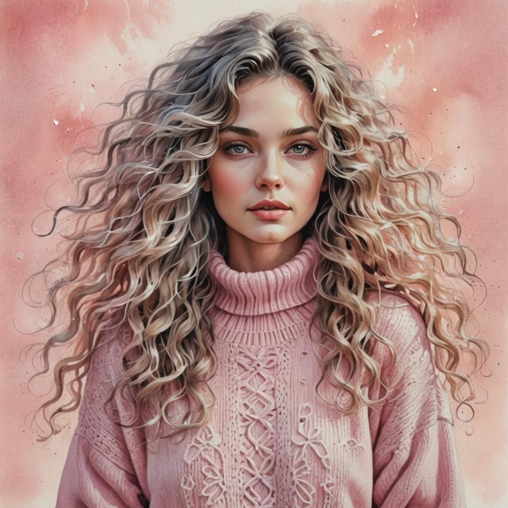 Watercolor Pencil Portrait of Woman in Pink Sweater