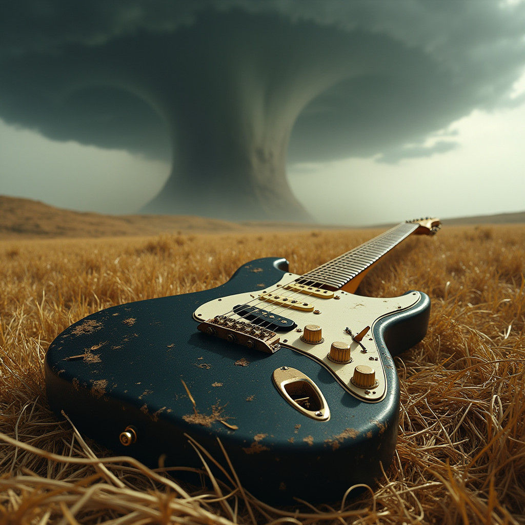 Vintage Guitar in Hay Field During Tornado