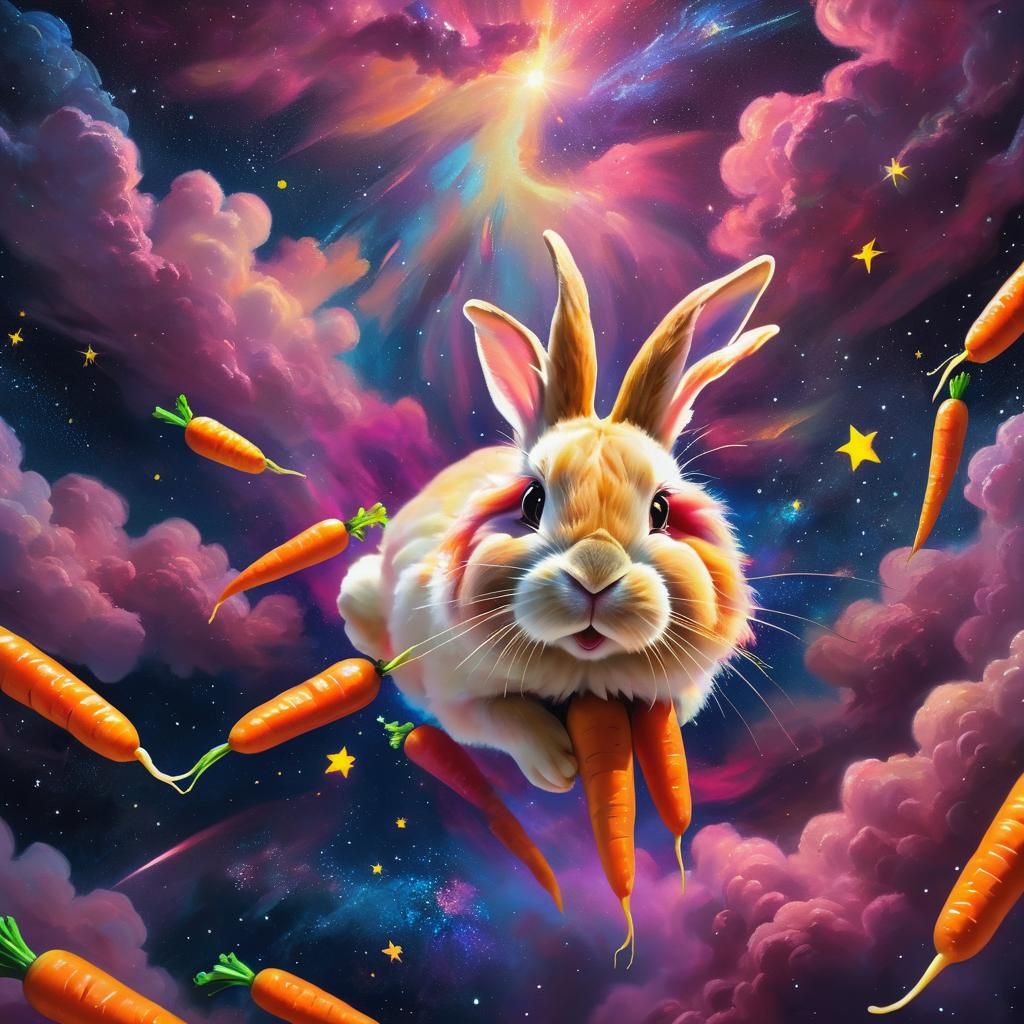 Bunny in Space Eating Cosmic Carrots, Surreal Oil Painting