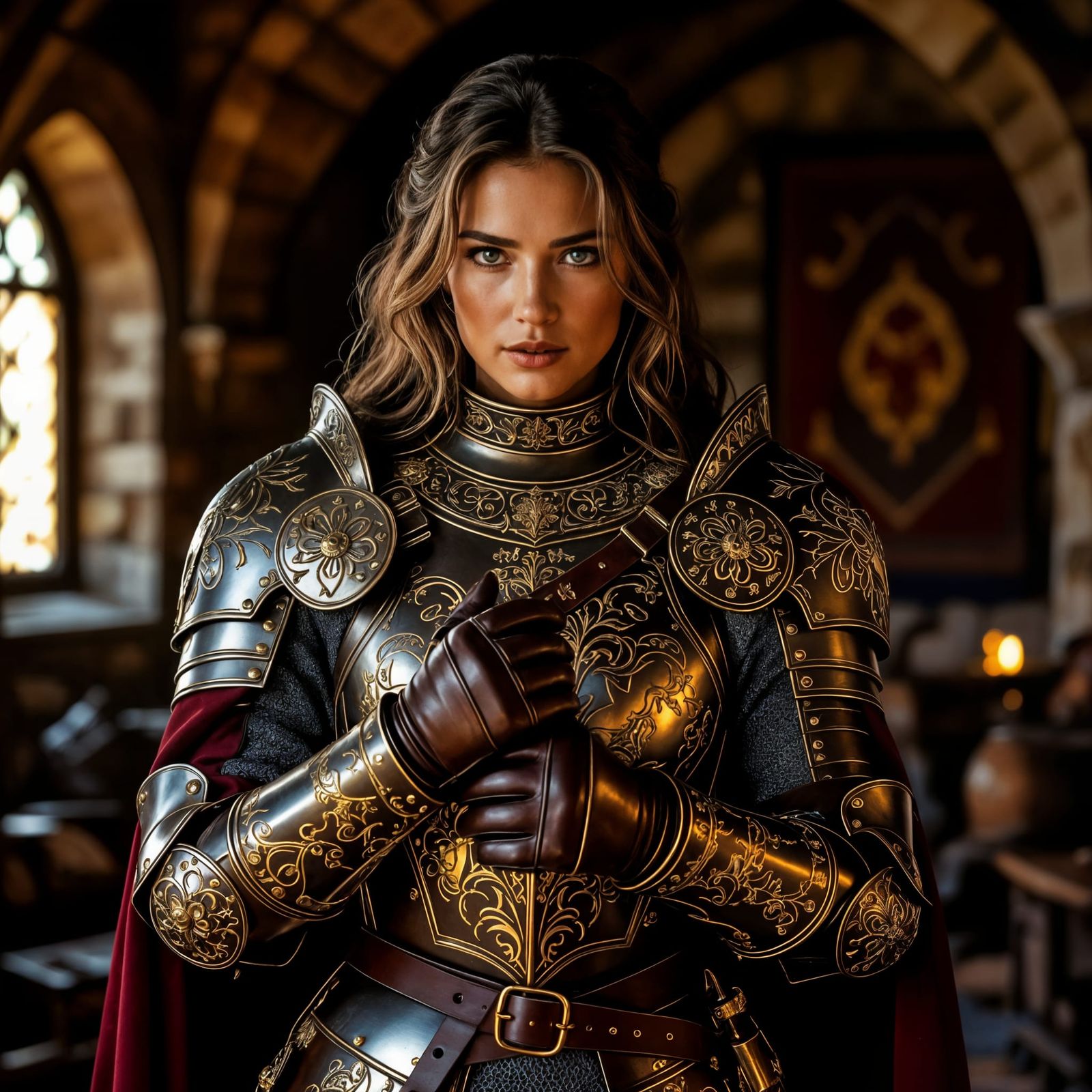 Noble Knight Removing Gauntlets in Medieval Castle