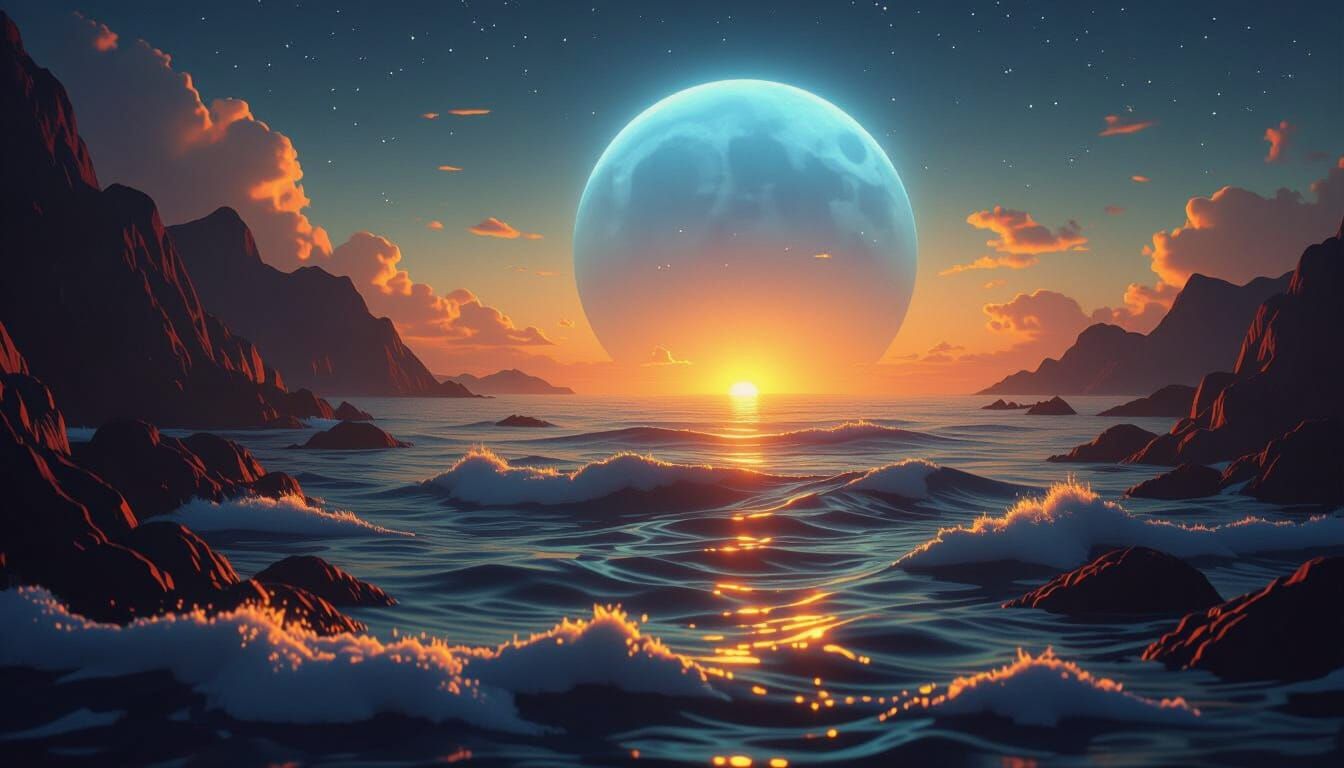 Twilight Seascape: Sunsets Blend into Moonrise