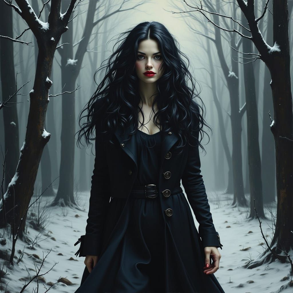 Dark-Haired Beauty in Snowy Forest, Horror Art