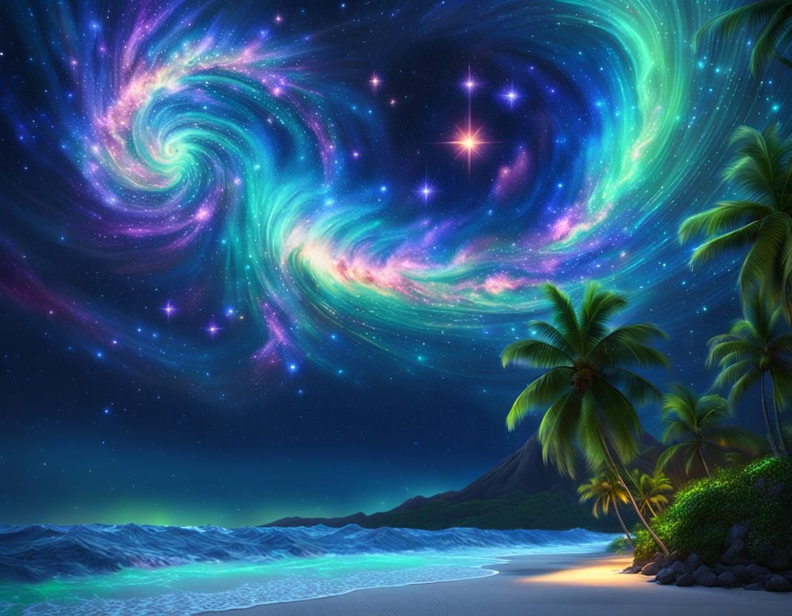 Galactic Nebula Sky Over Glittery Hawaiian Beach