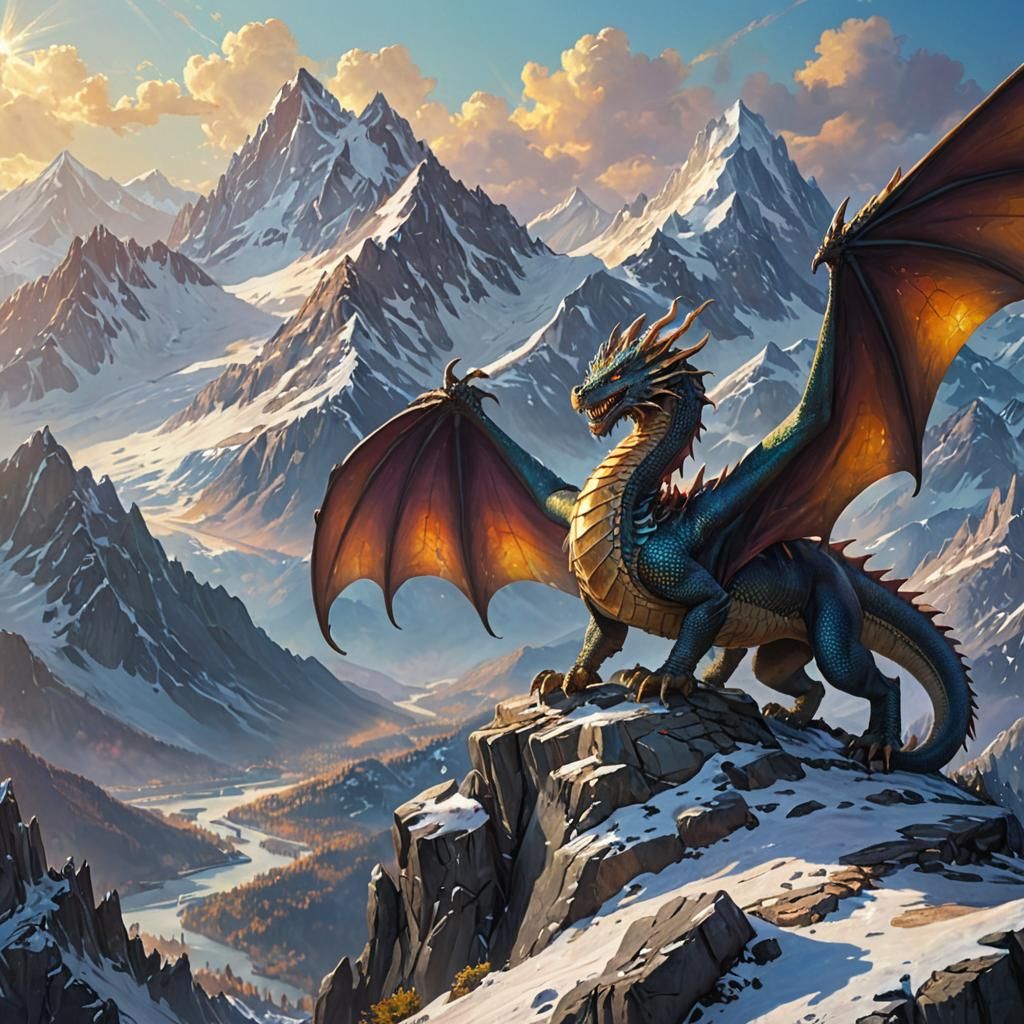 Majestic Dragon on Mountain Peak: Fantasy Oil Painting