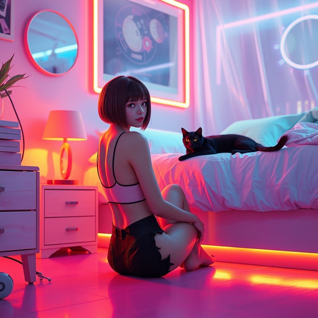 Retro-Futuristic Woman in Neon-Lit Bedroom