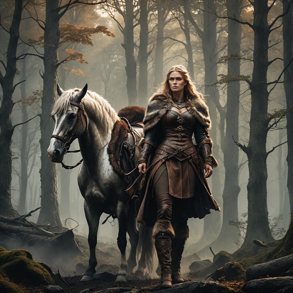 Viking Girl and Horse in Mystical Forest