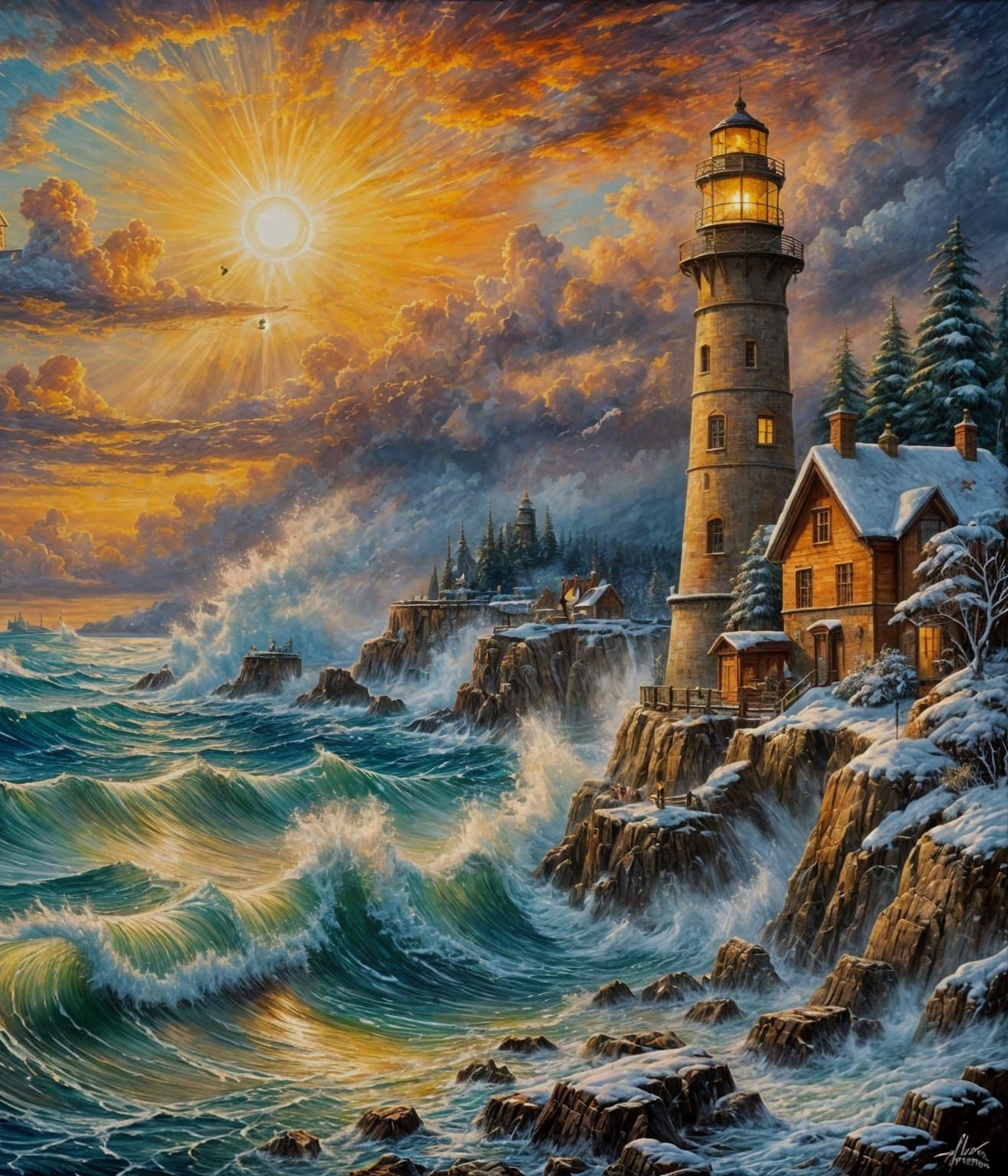 Winter Lighthouse Seascape in Watercolor Style