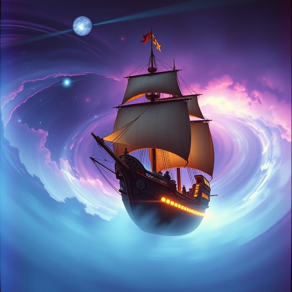 Galleon Sails Through Nebula in Art Nouveau Style