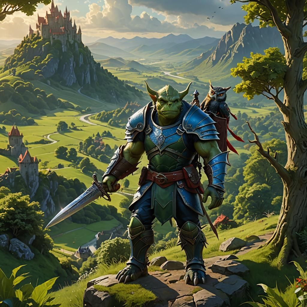 Orc, Dragon, and Owl in English Countryside