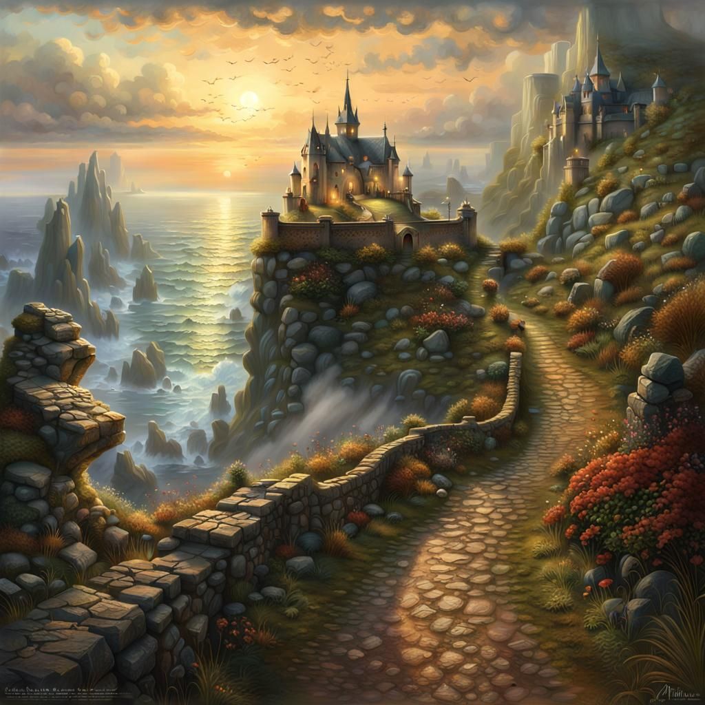 Coastal Monastery at Misty Sunrise: Ethereal Digital Paintin...