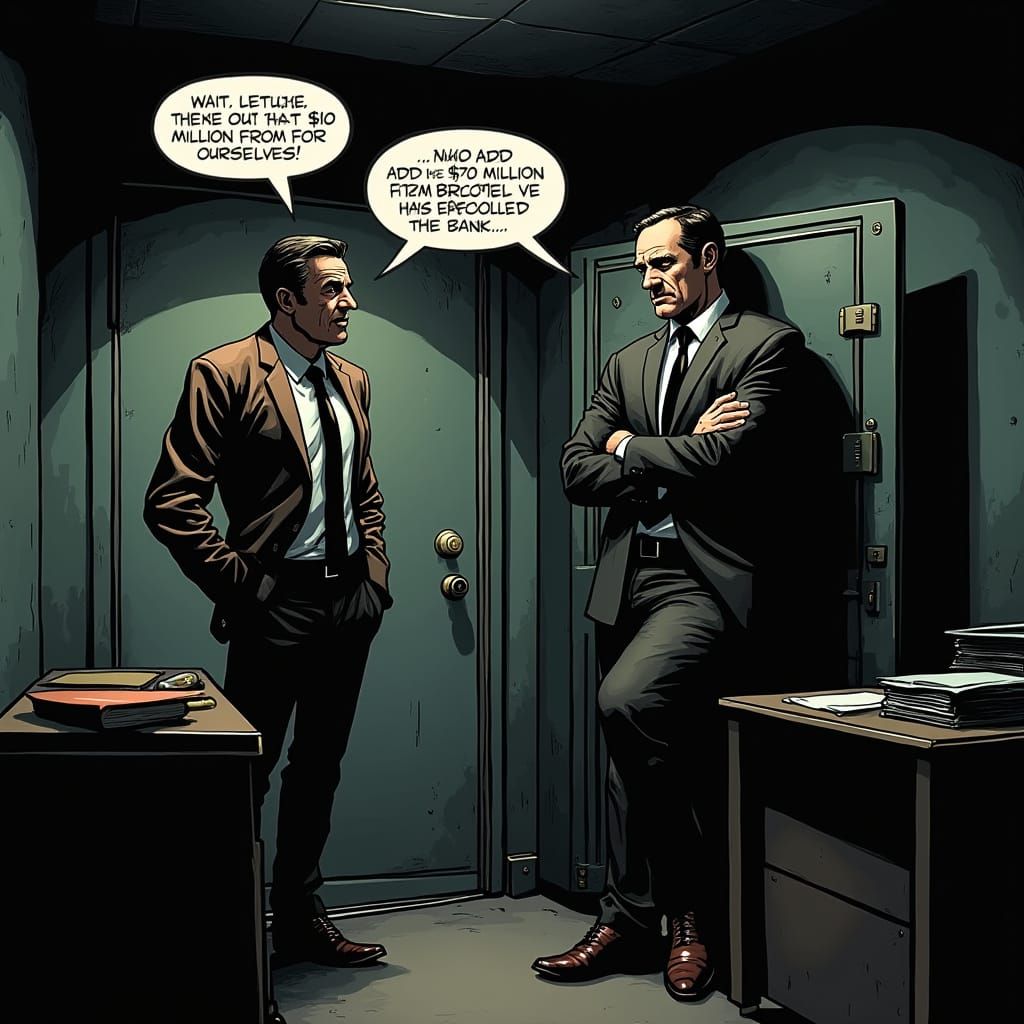 Tense Bank Heist in a Dimly Lit Office