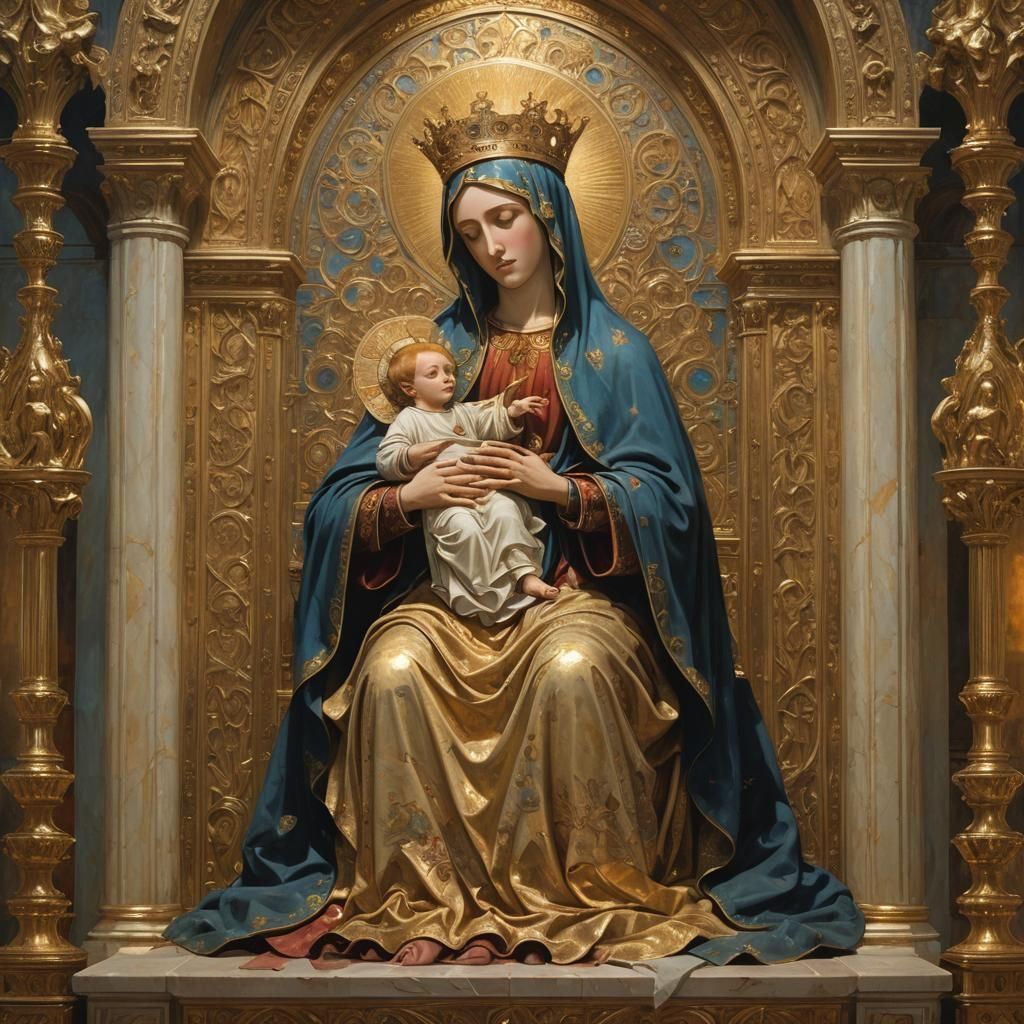 Virgin Mary with Jesus in Gothic Oil Painting