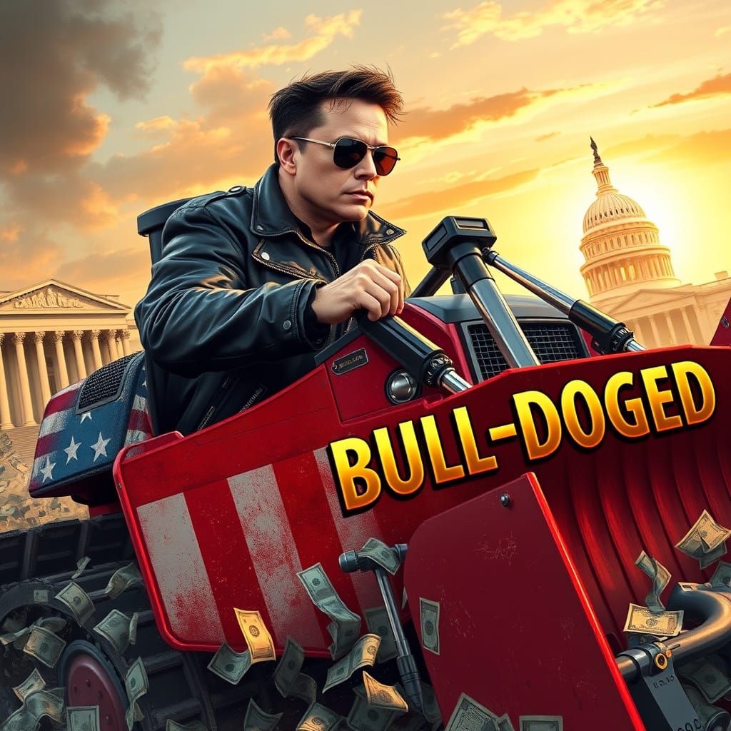 Elon Musk, dressed in a black leather jacket and sunglasses, intensely operating a massive bulldozer with a sharp metal ...