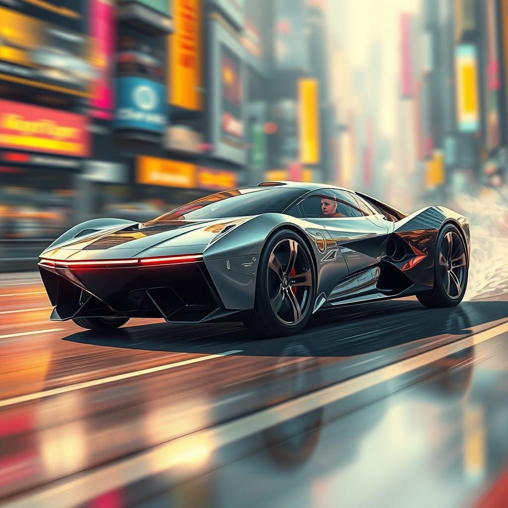 Glimmering Maglev Car in Cyberpunk Metropolis