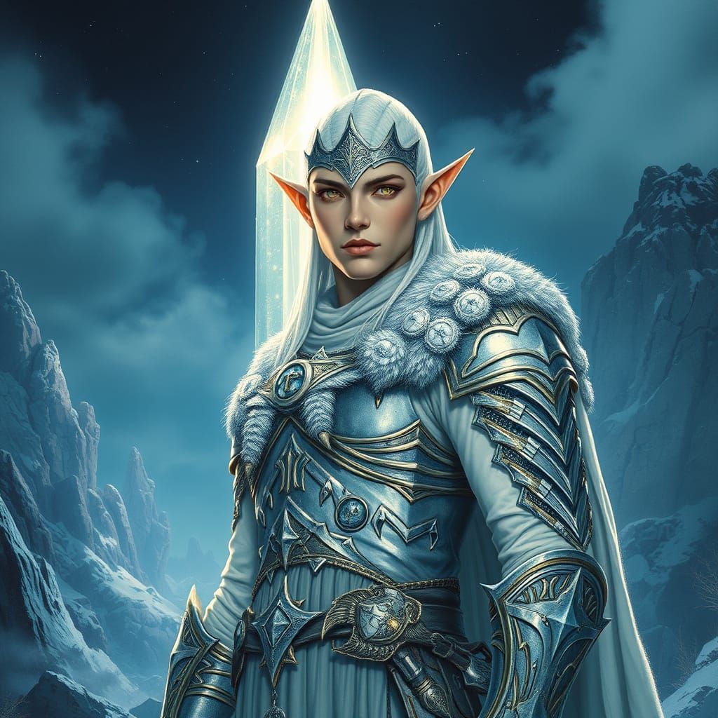 Ethereal Snow Elf Warrior Guards Crystal Spire in Awe-Inspir...