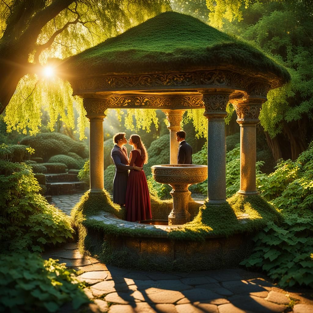 Romantic Couple at Wishing Well in Lush Garden