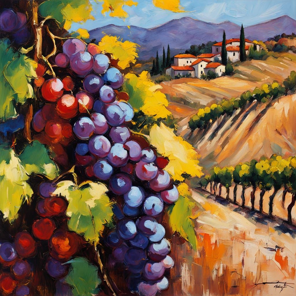 Vibrant Grapes in Golden Tuscan Landscape with Impressionist...