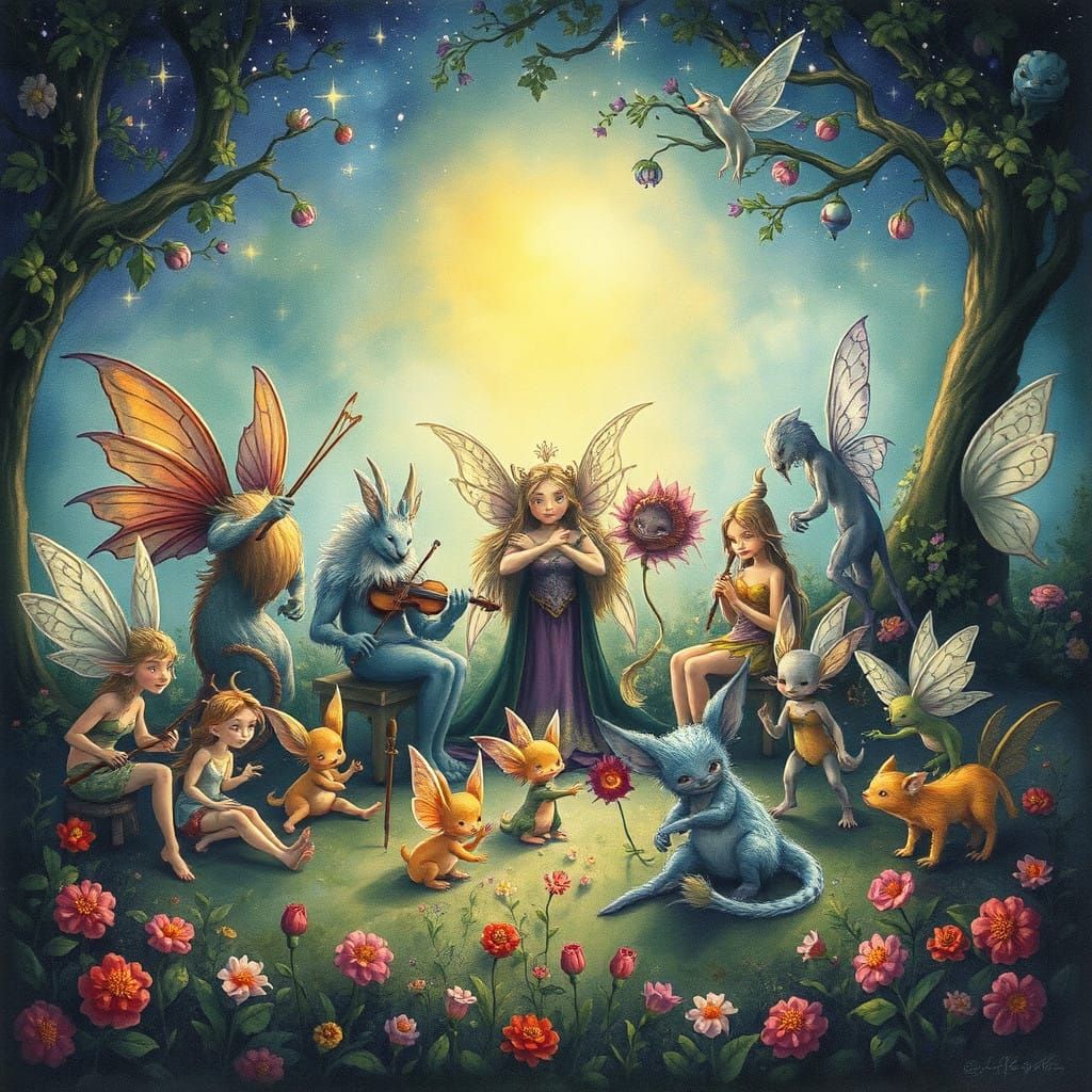 Fantastical Creatures Perform Under Starlit Sky in Whimsical...