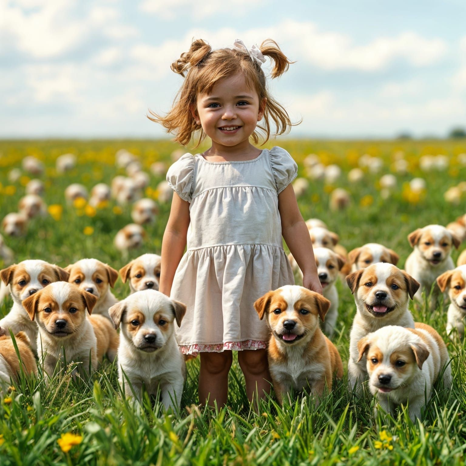Hyperrealistic Girl Surrounded by Puppies in Field