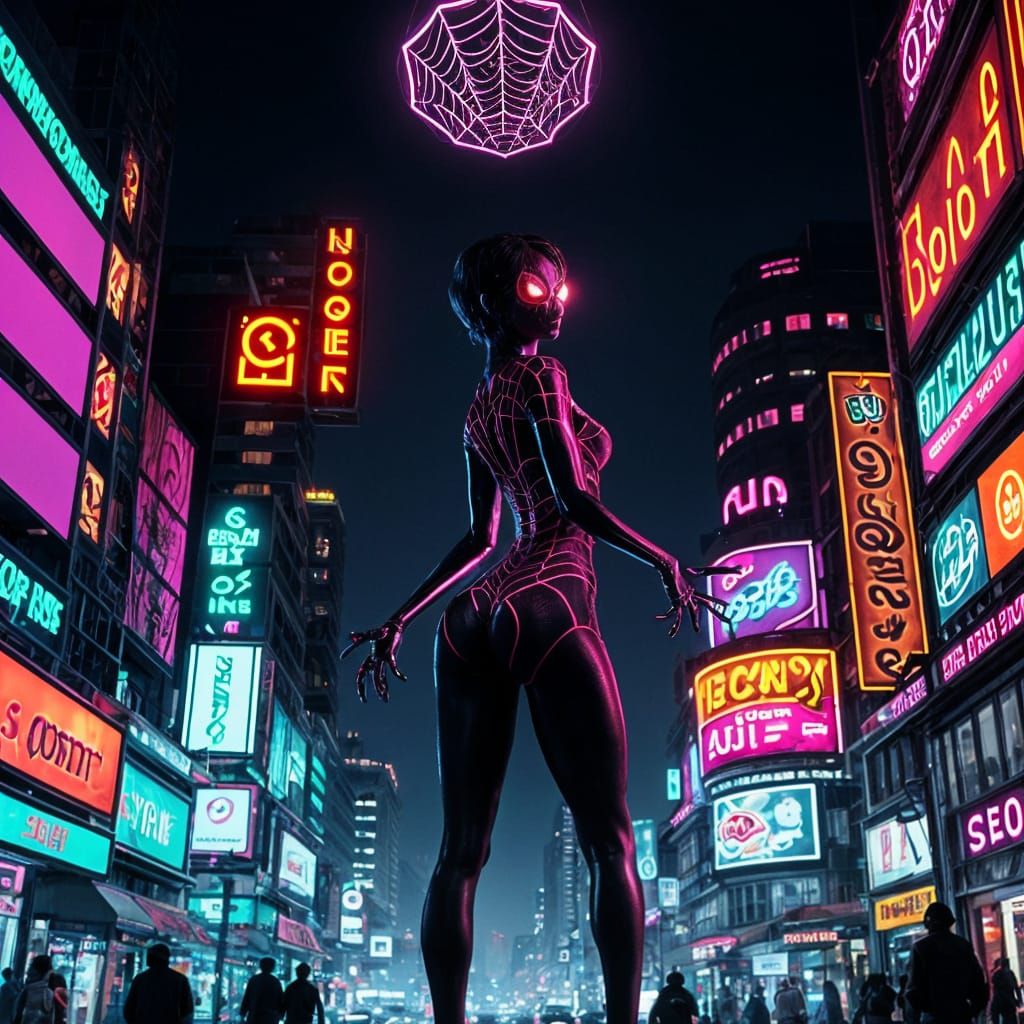 Sultry Spidergirl in Neon Cityscape