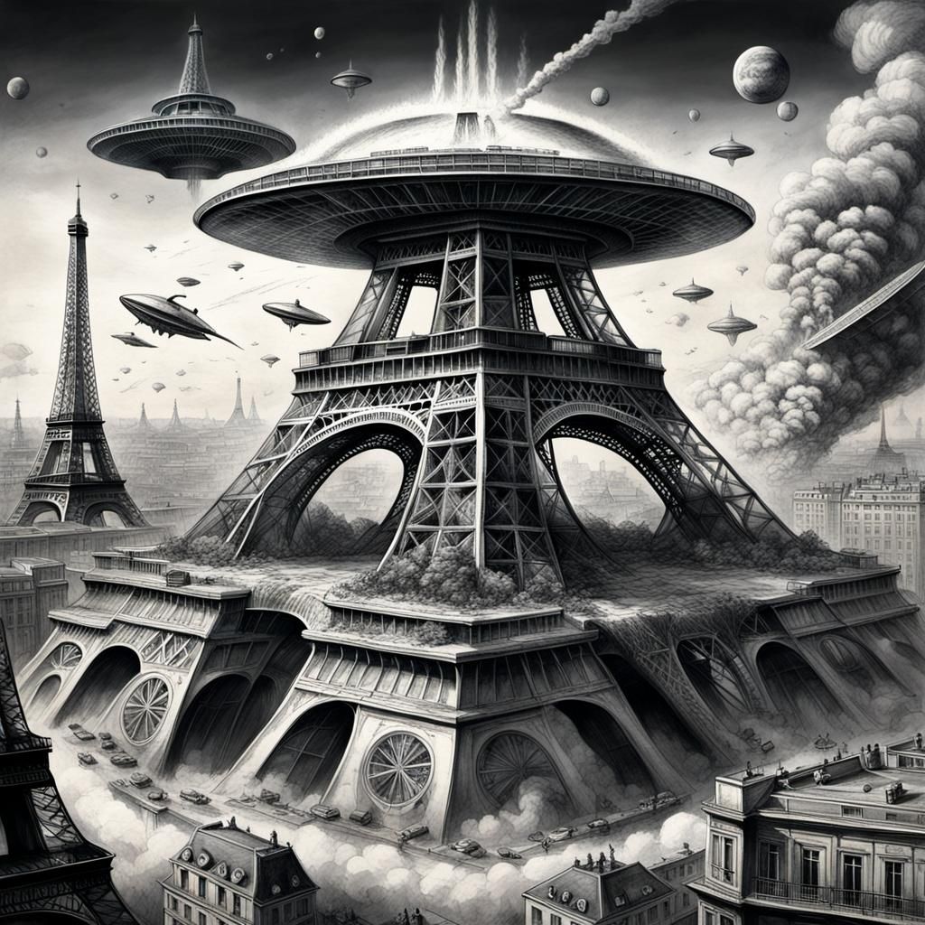 Dystopian Paris: Eiffel Tower and Alien Spaceship