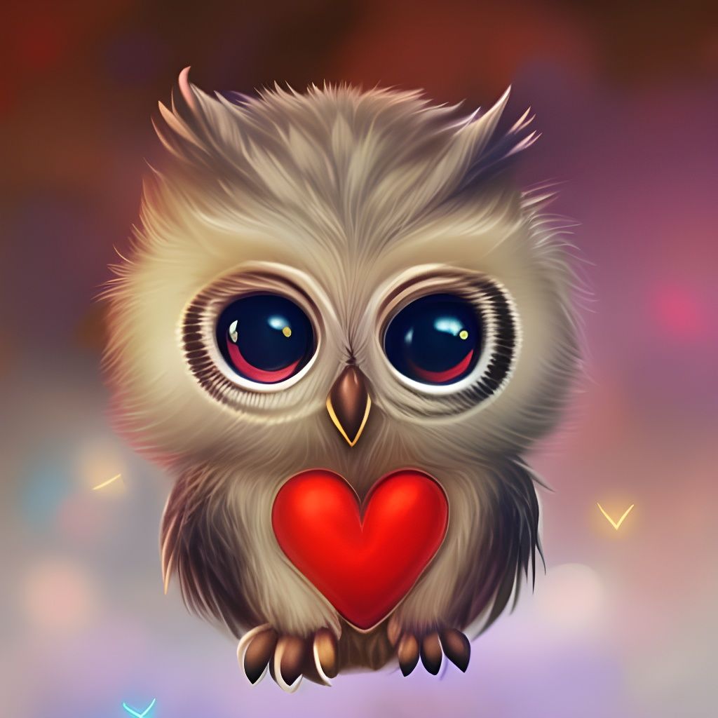 Cute fluffy furry owl, strongly brush stroked fur, dreamy eyes, magical,  fluffy furry 3D,  beautiful shiny realistic he...