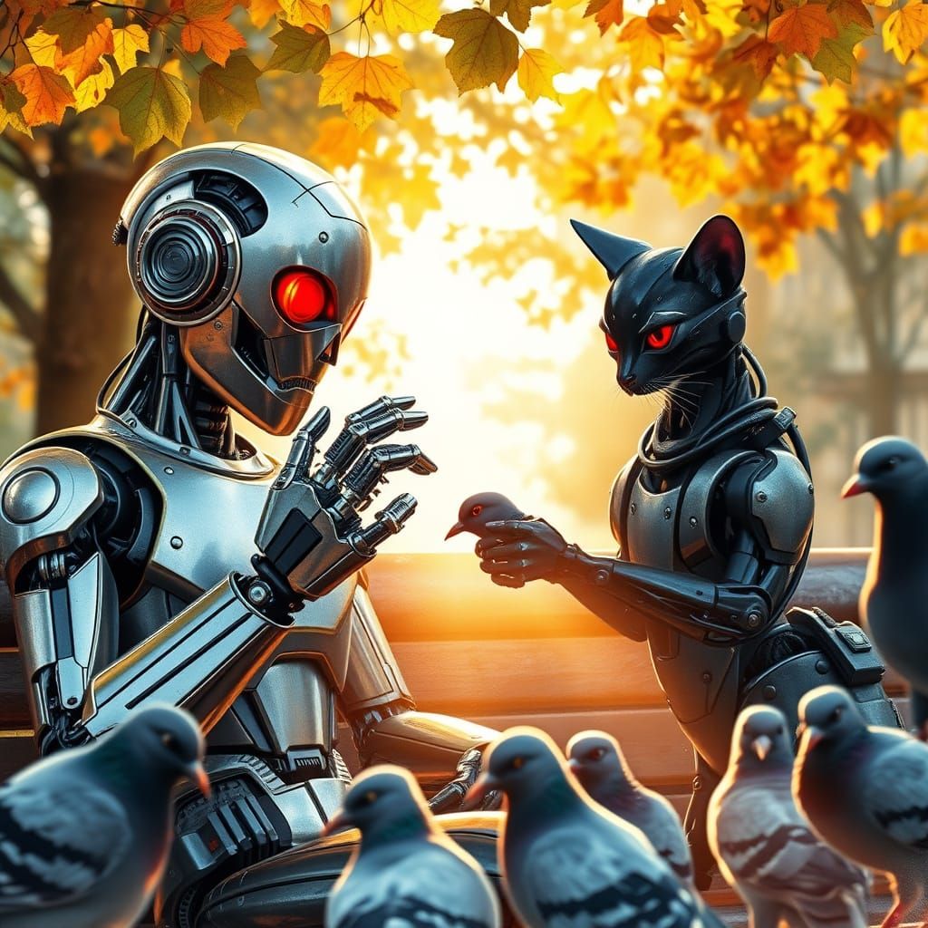 Robot and Cybernetic Cat Feeding Pigeons on Park Bench
