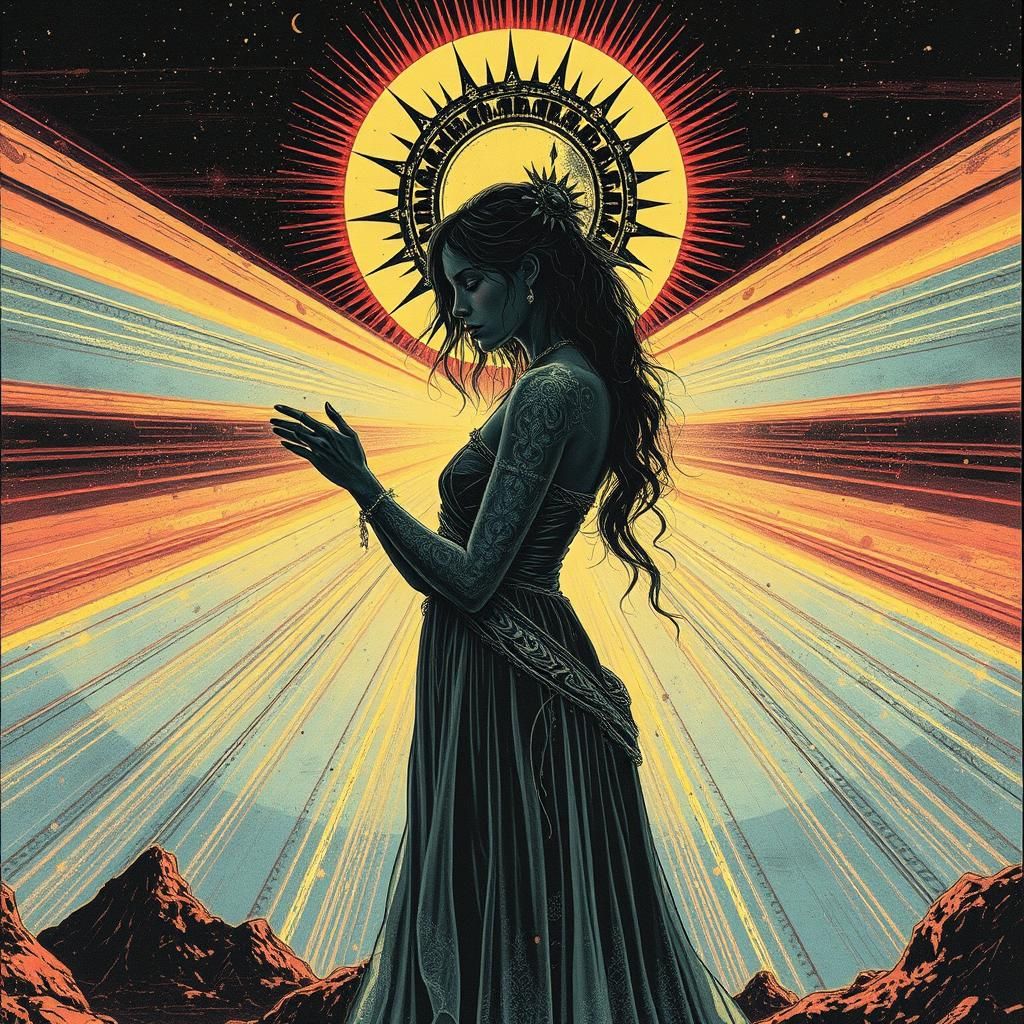 Solar Goth Bride in Post-Apocalyptic Astral Illustration