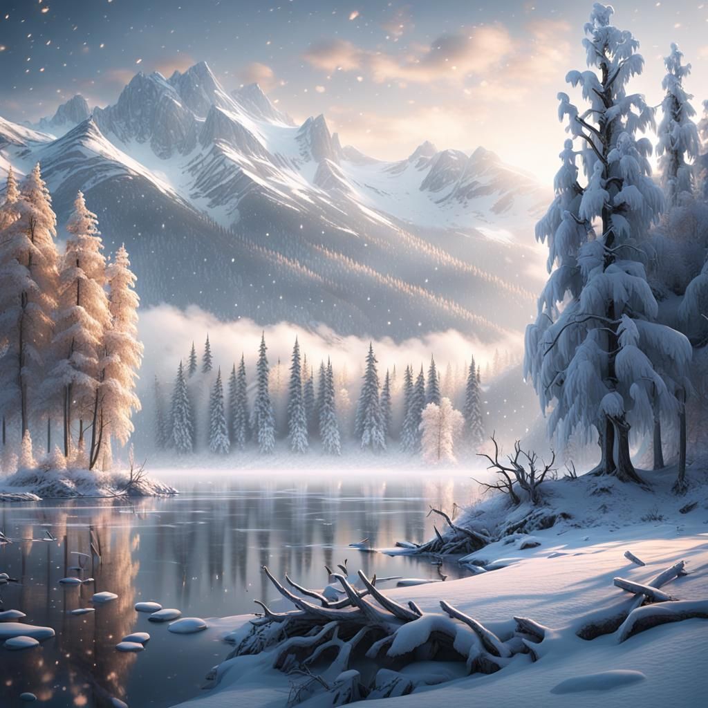 Misty Dawn Over Frozen Lake: Cinematic Winter Art